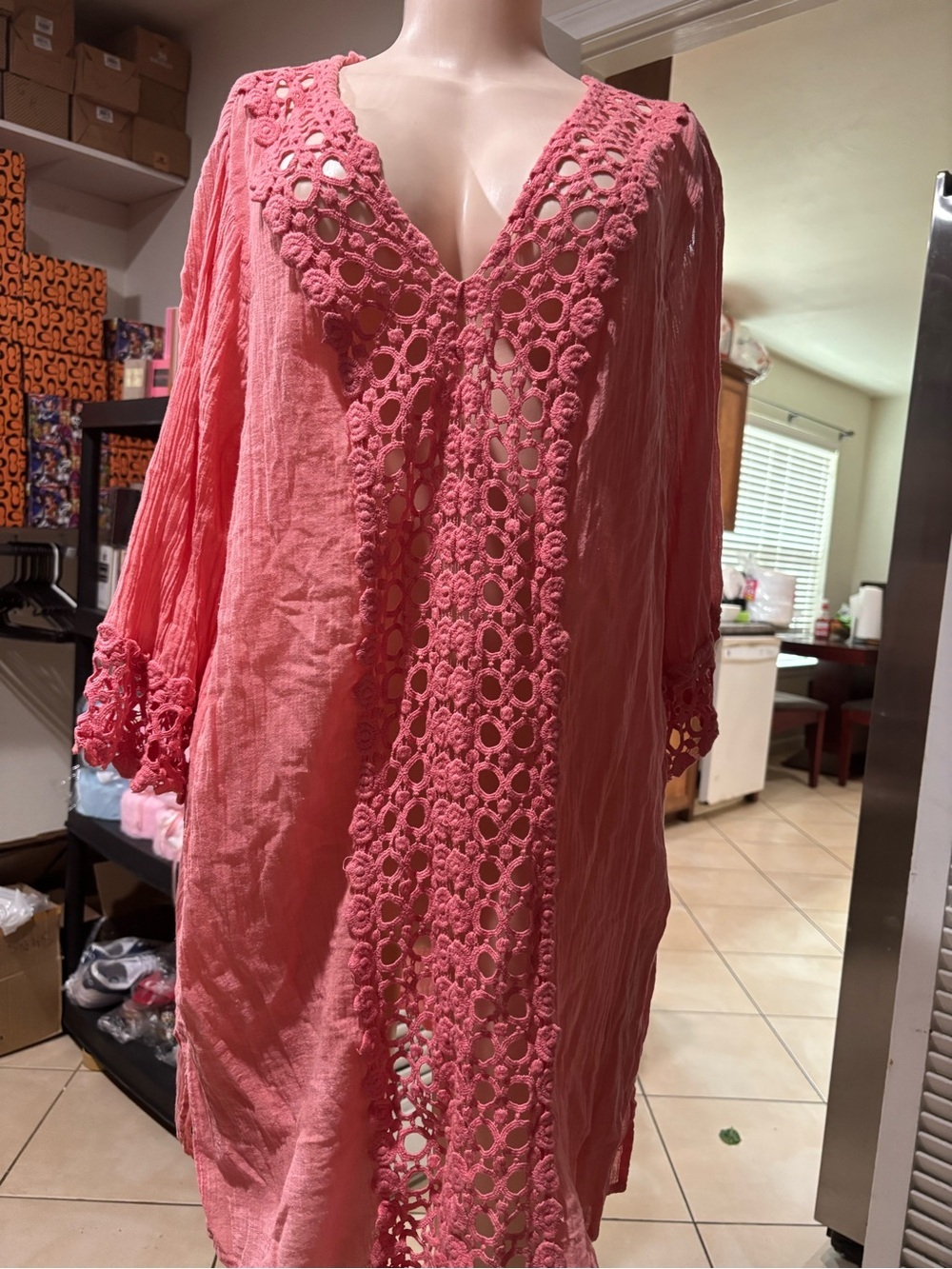 Pink Crochet Trim V-Neck Tunic Dress